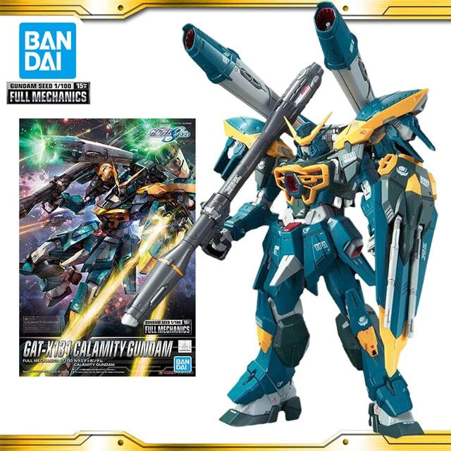 Full Mechanics 1/100 Calamity Gundam, composición del modelo montado junto a la ilustración de su caja.