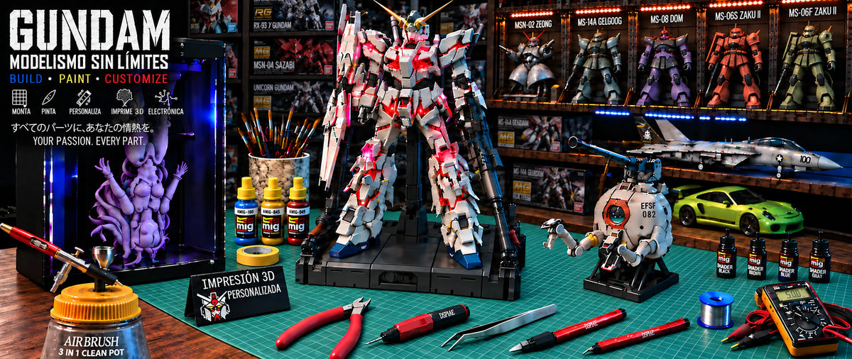Gundam: modelismo sin límites. Unicorn iluminado en un taller con impresora de resina, aerógrafo y herramientas.