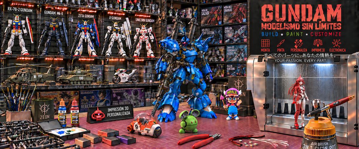 Gundam: modelismo sin límites. Kämpfer metálico, maquetas Bandai, Arale, Haro y cabina de pintura con aerógrafo.