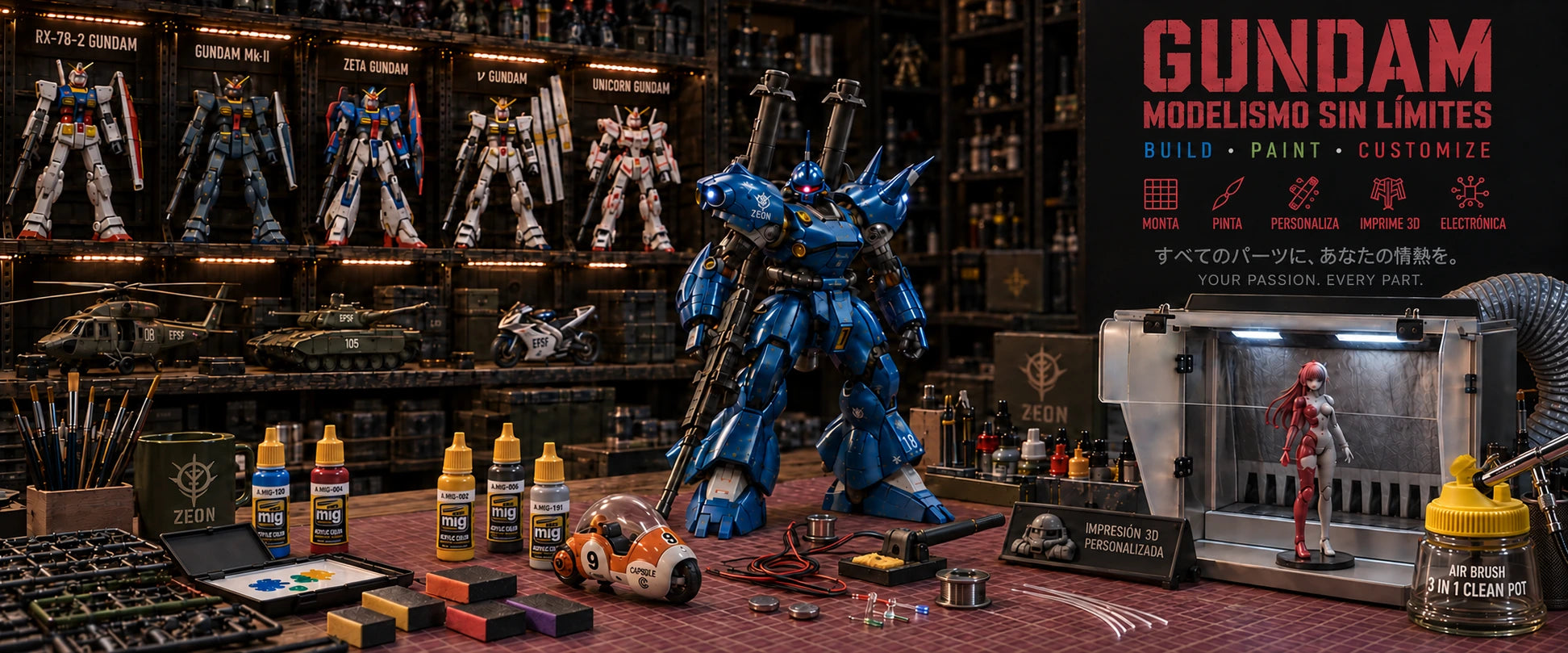 Illuminated blue MS-18E Kämpfer among model kits, paints and a spray-paint booth